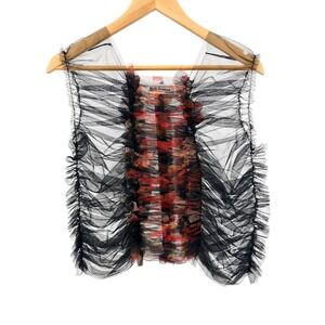 Molly Goddard Womens Sheer Ruched Tulle Floral Print Sleeveless Mesh Top Black